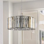 Side view of the Goldoma modern chandelier showing clear crystal drops and E26 sockets, set against a white ceiling.