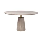54 inch brown and gold pedestal dining table with solid wood top and metal base, perfect for small dining rooms