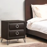 Modern bedroom nightstand with dark merlot finish, two drawers, and ring handles by Goldoma