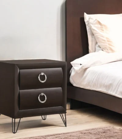 Modern bedroom nightstand with dark merlot finish, two drawers, and ring handles by Goldoma