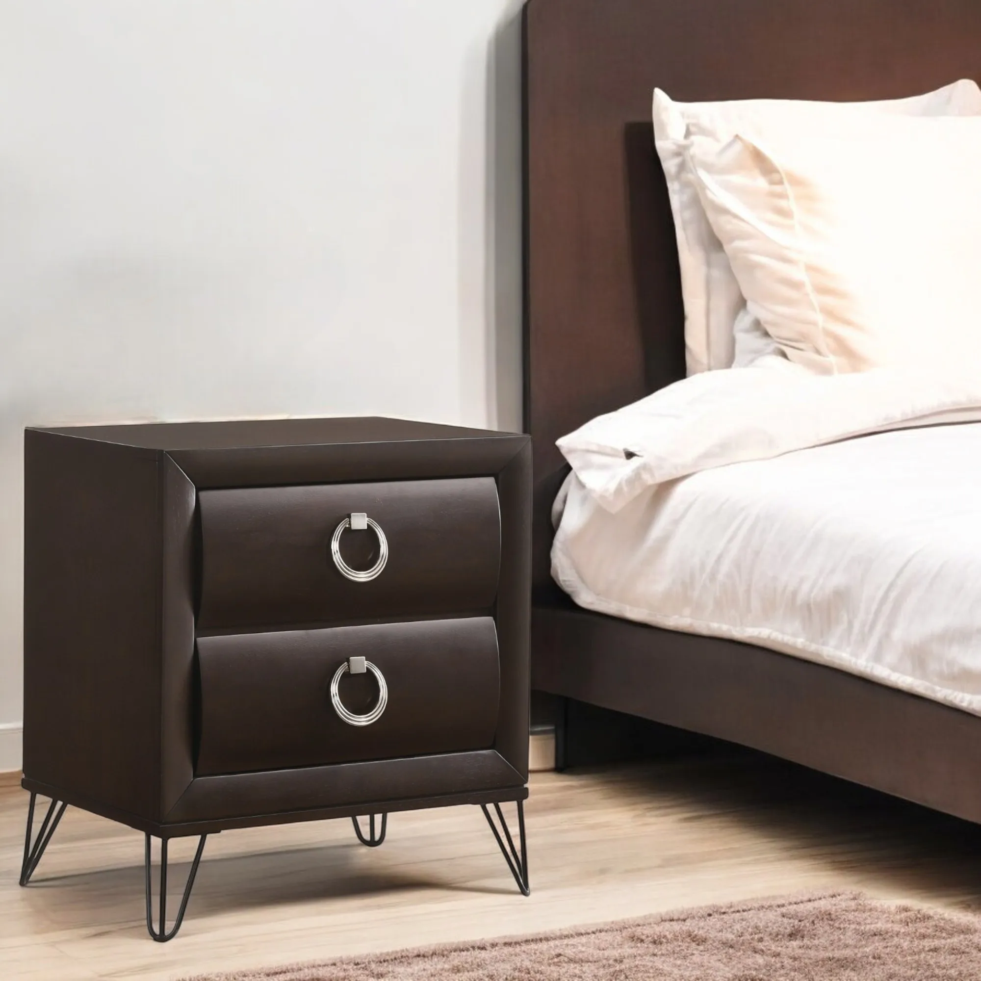 H59c7cdbee1c3493d9bf4e448d1612476a.webp Modern bedroom nightstand with dark merlot finish, two drawers, and ring handles by Goldoma