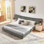 Goldoma King Size Modern Platform Bed with Soft Chenille Fabric and Curved Headboard – side view