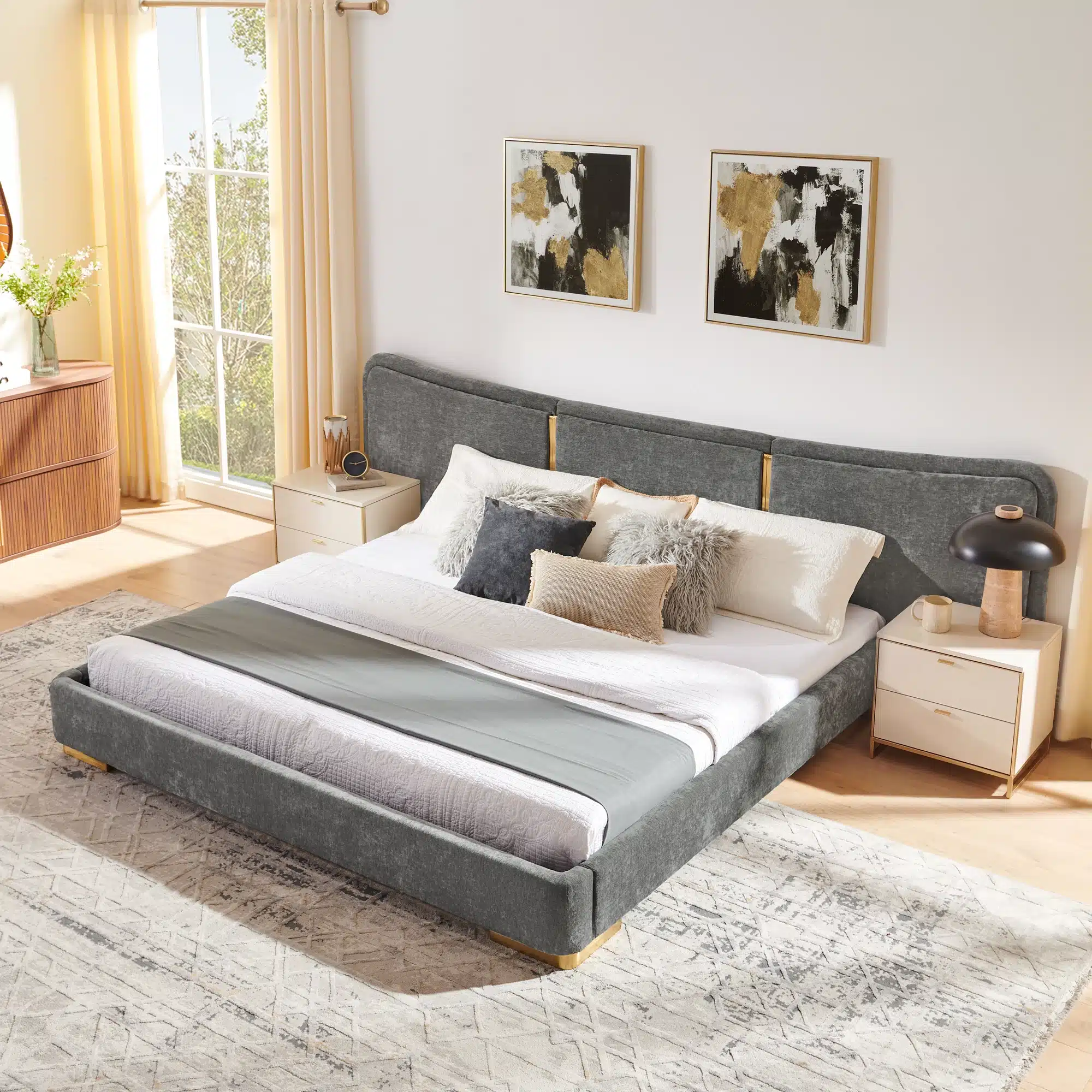 Goldoma King Size Modern Platform Bed with Soft Chenille Fabric and Curved Headboard
