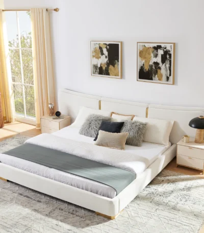 Goldoma king size platform bed with soft chenille fabric and curved headboard in a modern bedroom