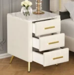 Modern 2-drawer nightstand with wood top beside bed in bedroom