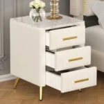 Modern 2-drawer nightstand with wood top beside bed in bedroom