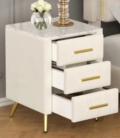 Modern 2-drawer nightstand with wood top beside bed in bedroom