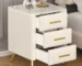 Modern bedside table with drawers featuring a wood top and two storage drawers in a bedroom setting
