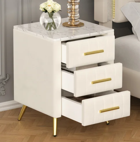 H5a14536ee7454fbd88e5758c2d0595105.webp Modern 2-drawer nightstand with wood top beside bed in bedroom