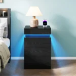 Modern black wooden nightstand with built-in charging station and LED lighting, featuring 3 drawers and sliding top