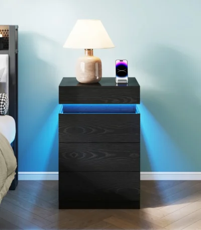 Modern black wooden nightstand with built-in charging station and LED lighting, featuring 3 drawers and sliding top