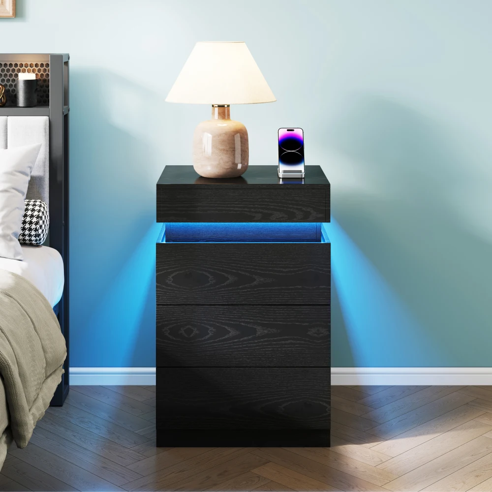 H5a30810e93ab4cc2b9c5b373c261a2163.webp Modern black wooden nightstand with built-in charging station and LED lighting, featuring 3 drawers and sliding top