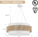 Fabric Rattan Chandelier, Boho Hand Woven Coastal Pendant Light Adjustable Drum Large Pendant Lighting Fixtures for Dining