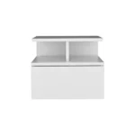 White wall mounted nightstand with drawer and open shelves in modern bedroom, Goldoma floating bedside table