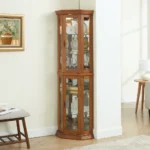 Corner Curio Cabinet Lighted Corner Display, Glass Display Shelf Shelving Bar cabinet with Tempered Glass Door, Bar Cabinet - Image 2