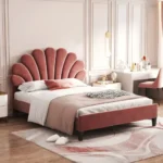 Goldoma full size velvet platform bed with floral upholstered headboard, eco-friendly teak wood construction