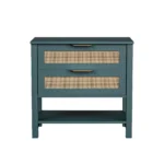 Rattan nightstand with 2 drawers and storage shelf in green finish, bohemian bedside table for bedroom