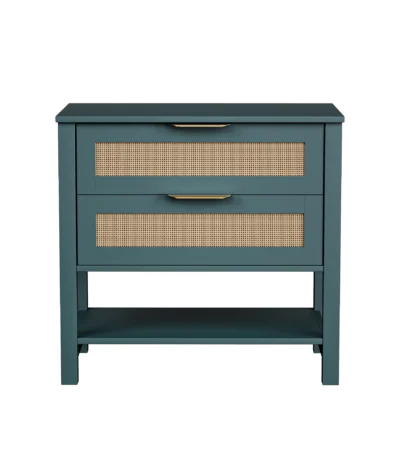 Rattan nightstand with 2 drawers and storage shelf in green finish, bohemian bedside table for bedroom