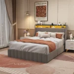 Queen bed frame with LED lighting from Goldoma featuring wings headboard, storage drawers, and linen upholstery