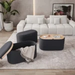 Goldoma black storage ottoman with reversible wooden tray top for living room