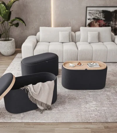 Goldoma black storage ottoman with reversible wooden tray top for living room