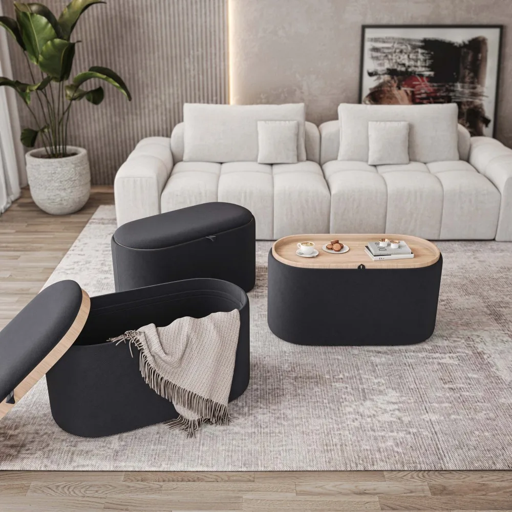 H5b00f03d491c4d29b04b8a7ea825af8d6.webp Black living room ottoman with reversible wooden tray top in a cozy living room setting