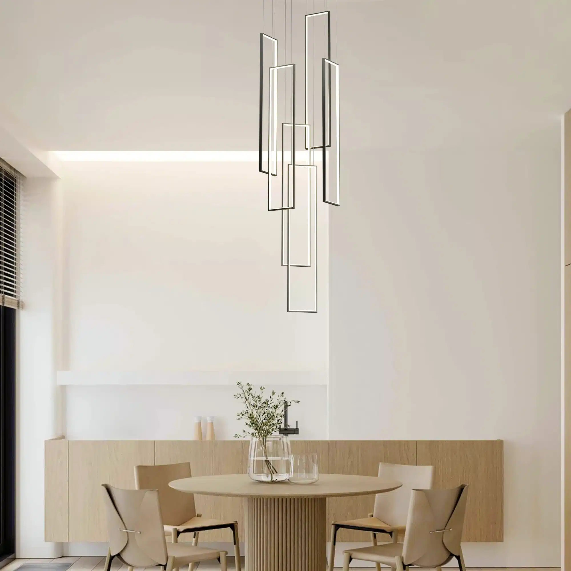 Modern Dimmable 6-Light LED Chandelier, Black Rectangle Pendant Light with Remote for High Ceiling, Staircase, Foyer, Entryway