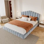 Goldoma queen bed frame with velvet upholstered shell-shaped headboard in light blue