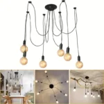 Vintage Industrial Multi-Arms Spider Pendant Lamp Black Metal Creative Ceiling Chandelier with Wire Hanging Light for