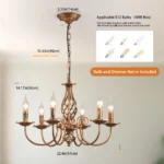 Close-up of the rustic farmhouse chandelier, showing the bronze finish and intricate metalwork on the six candle-style