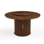 55-inch round dining table with lazy susan and double-tiered storage shelf in walnut finish