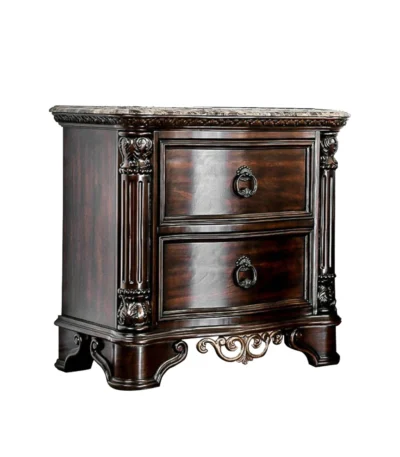 Brown cherry wood marble top nightstand with 2 drawers - Goldoma classic bedroom storage