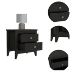 Two-drawer nightstand in black wood finish - minimalist bedroom storage side table