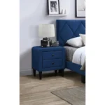 Navy blue velvet nightstand with two drawers and tempered legs, a modern bedroom furniture piece