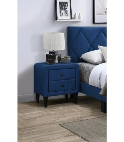 Navy blue velvet nightstand with two drawers and tempered legs, a modern bedroom furniture piece