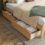 King size bed with storage drawers and rattan headboard - Goldoma modern farmhouse design