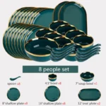 Green With Gold Inlay Quality Plates Full Set Luxury Steak Food Tray Ceramic Dinner Dish Salad Bowl Spoon Porcelain