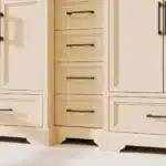 Open cabinet doors revealing ample storage space inside the double sink vanity.