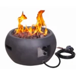 Propane fire pit table with corten steel base and concrete top on a patio