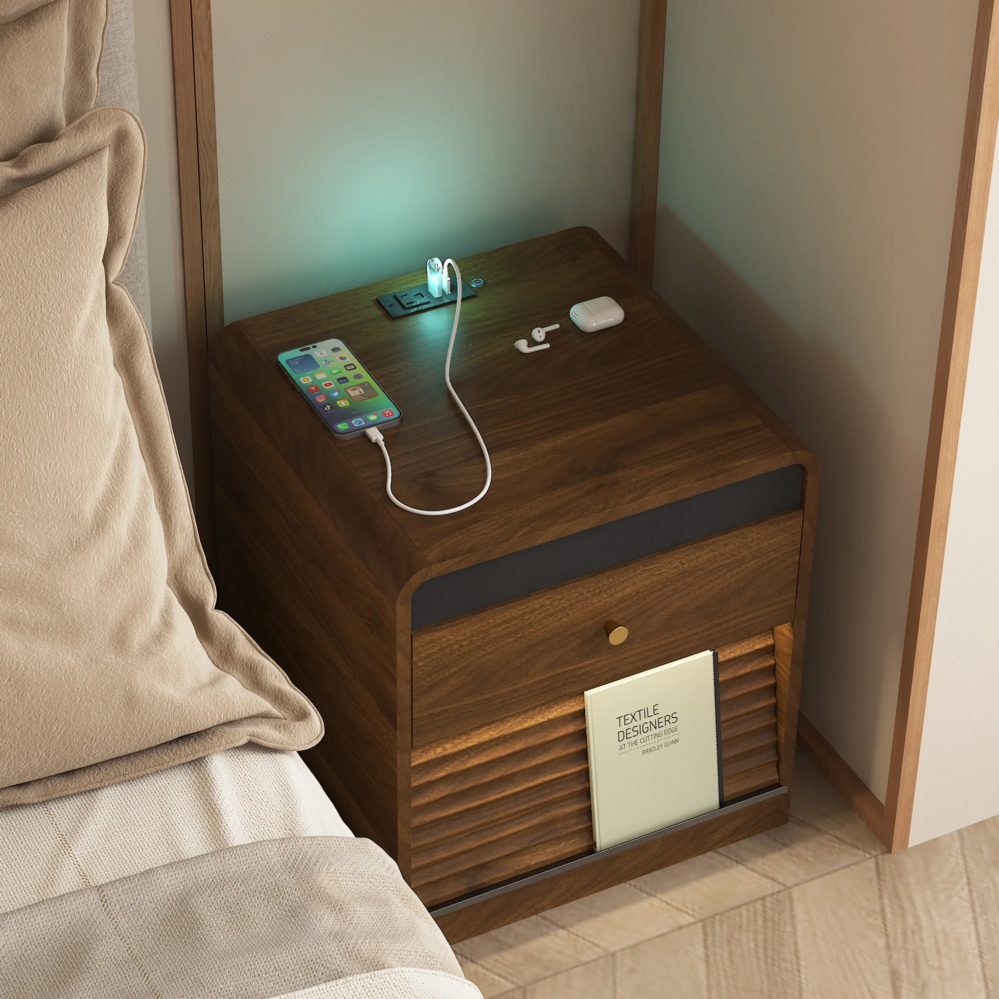 H5c48c5c2fe9a47ef9d8a3ae0a1c65eb58.webp Smart nightstand with charging station and LED lights in a bedroom setting