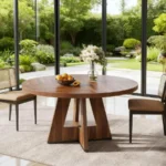 Modern round dining table with marble top and wood legs seating six in a living room