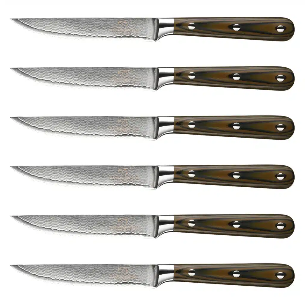 Kitchen Damascus Utility Steak Knife Set, 6-Piece Kitchen Knife Set with Bamboo Box,Non-slip G10 Ergonomic Triple Rivet