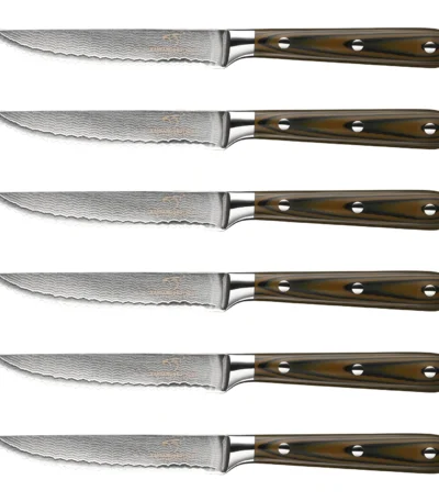 Goldoma 6-piece Damascus steak knife set in bamboo box with ergonomic handles