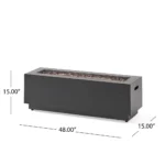 Outdoor propane fire pit in dark grey rectangular iron with glowing flames