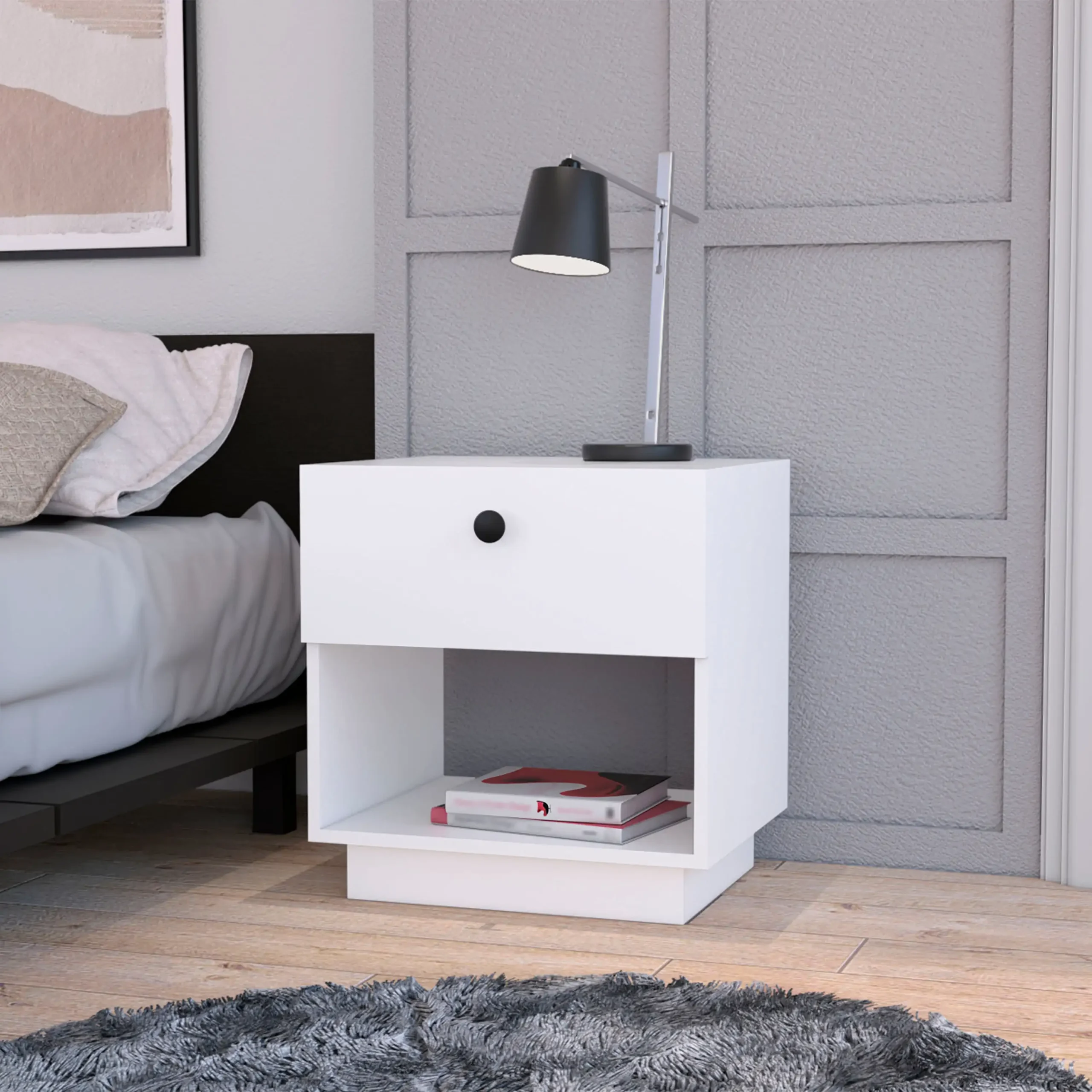 H5cd34751da7c425eb73b93260b4a743bH.webp White 1-drawer nightstand with open shelf for bedroom storage, minimalist style