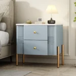 Modern fluted nightstand with 2 drawers, golden metal handles and legs, blue bedside table for bedroom