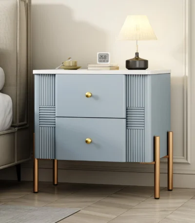 Modern fluted nightstand with 2 drawers, golden metal handles and legs, blue bedside table for bedroom