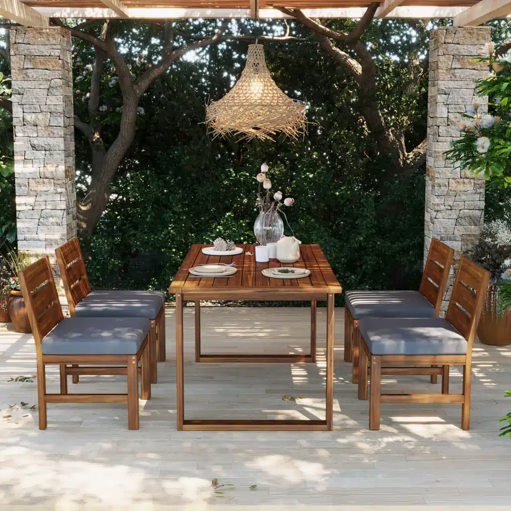 Modern acacia wood dining set with four chairs and adjustable legs on a backyard patio