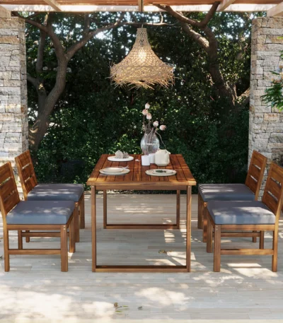 U_STYLE Modern 5-Piece Acacia Wood Outdoor Dining Set with Adjustable Legs Durable & Waterproof for Backyard & Garden