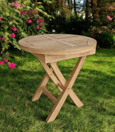 Natural rounded solid teak wood folding outdoor side table